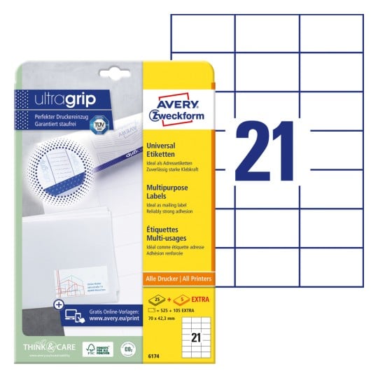 Packungsabbildung mit Etikettenbogen: Avery Zweckform Universal-Etiketten, Artikel: 6174, Format: 70 x 42,3 mm, Druckereignung: Inkjet,Laser s/w,Farblaser, Inhalt: 630 Etiketten / 30 Bögen, 21 Etiketten/Bogen
