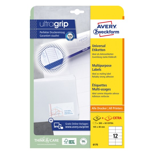 Packungsabbildung: Avery Zweckform Universal-Etiketten, permanent haftend, Artikel:  6175, Format: 105 x 48 mm, Druckereignung: Inkjet,Laser s/w,Farblaser, Inhalt: 360 Etiketten / 30 Bögen, 12 Etiketten/Bogen