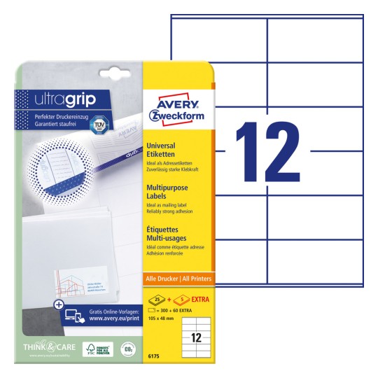 Packungsabbildung mit Etikettenbogen: Avery Zweckform Universal-Etiketten, Artikel:  6175, Format: 105 x 48 mm, Druckereignung: Inkjet,Laser s/w,Farblaser, Inhalt: 360 Etiketten / 30 Bögen, 12 Etiketten/Bogen