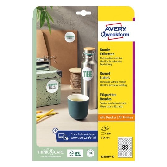 Packungsabbildung: Avery Zweckform Runde Etiketten, Artikel:  6222REV-10, Format: ⌀ 20 mm, Druckereignung: Inkjet,Laser s/w,Farblaser, Inhalt: 880 Etiketten / 10 Bögen, 88 Etiketten/Bogen
