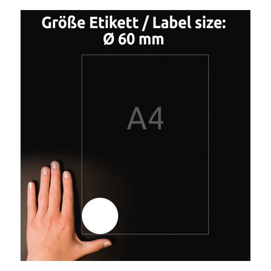 Größenvergleich mit Hand, Artikel: 6226REV-10, ein Bogen Runde Etiketten, ablösbar, Format: ⌀ 60 mm, Farbe: Weiß