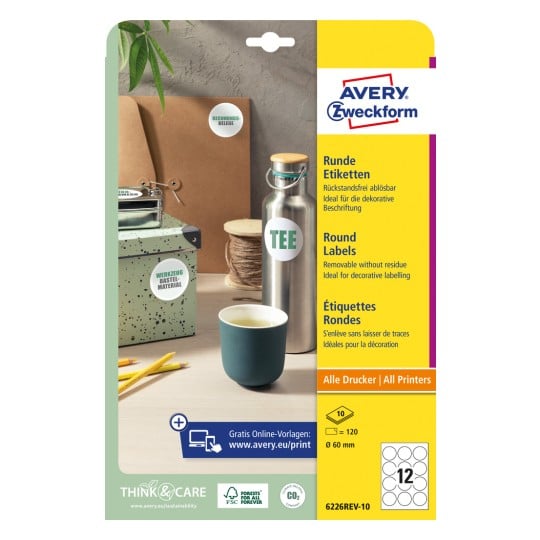 Packungsabbildung: Avery Zweckform Runde Etiketten, Artikel:  6226REV-10, Format: ⌀ 60 mm, Druckereignung: Inkjet,Laser s/w,Farblaser, Inhalt: 120 Etiketten / 10 Bögen, 12 Etiketten/Bogen