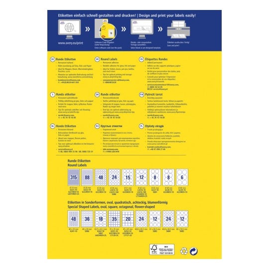 Das Bild ist ein mehrsprachiger Leitfaden für das Entwerfen und Drucken von Etiketten, mit Informationen zu runden Etiketten, Klebstoffarten und Kontaktdetails für Unterstützung in verschiedenen Ländern. Es beinhaltet Layouts für verschiedene Etikettenformen und -größen.