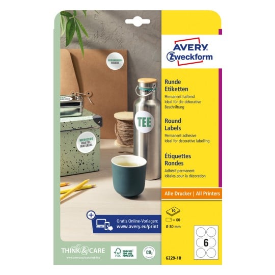 Packungsabbildung: Avery Zweckform Runde Etiketten, Artikel:  6229-10, Format: ⌀ 80 mm, Druckereignung: Inkjet,Laser s/w,Farblaser, Inhalt: 60 Etiketten / 10 Bögen, 6 Etiketten/Bogen