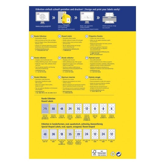 Dieses Bild enthält Informationen über das Entwerfen und Drucken verschiedener Arten von Etiketten von Avery. Es zeigt runde Etiketten und spezielle geformte Etiketten, liefert Abmessungen und Produktcodes sowie Tipps für optimales Drucken und Verwendung in mehreren Sprachen.