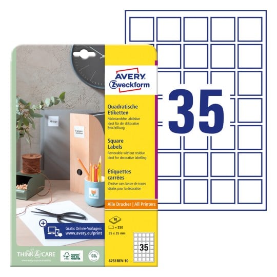 Packungsabbildung mit Etikettenbogen: Avery Zweckform Quadratische Etiketten, ablösbar, Artikel: 6251REV-10, Format: 35 x 35 mm, Druckereignung: Inkjet,Laser s/w,Farblaser, Inhalt: 350 Etiketten / 10 Bögen, 35 Etiketten/Bogen