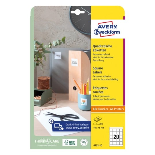 Packungsabbildung: Avery Zweckform Quadratische Etiketten, Artikel:  6252-10, Format: 45 x 45 mm, Druckereignung: Inkjet,Laser s/w,Farblaser, Inhalt: 200 Etiketten / 10 Bögen, 20 Etiketten/Bogen