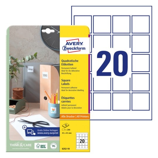 Packungsabbildung mit Etikettenbogen: Avery Zweckform Quadratische Etiketten, Artikel: 6252-10, Format: 45 x 45 mm, Druckereignung: Inkjet,Laser s/w,Farblaser, Inhalt: 200 Etiketten / 10 Bögen, 20 Etiketten/Bogen