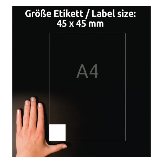 Größenvergleich mit Hand, Artikel: 6252REV-10, ein Bogen Quadratische Etiketten, ablösbar, Format: 45 x 45 mm, Farbe: Weiß