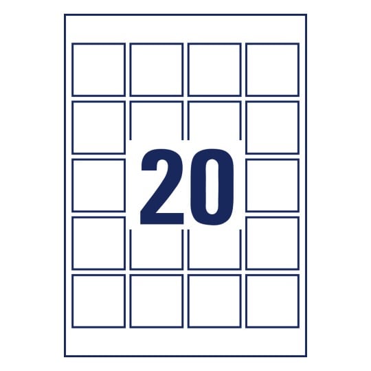 Stanzzeichnung Einzelbogen A4, Artikel: 6252REV-10, Quadratische Etiketten, ablösbar, Format: 45 x 45 mm, 20 Etiketten/Bogen