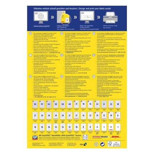 Eine Informationsgrafik von Avery, die ihre Etikettendrucktechnologie, Funktionen und Drucktipps in mehreren Sprachen beschreibt.