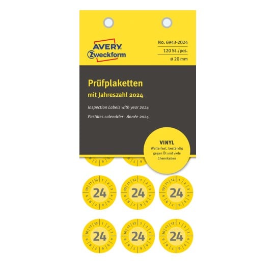 Packungsabbildung: Avery Zweckform Non A4 Prüfplaketten, Artikel:  6943-2024, Format: ⌀ 20 mm, Inhalt: 120 Prüfplaketten / 8 Bögen, 15 Prüfplaketten/Bogen