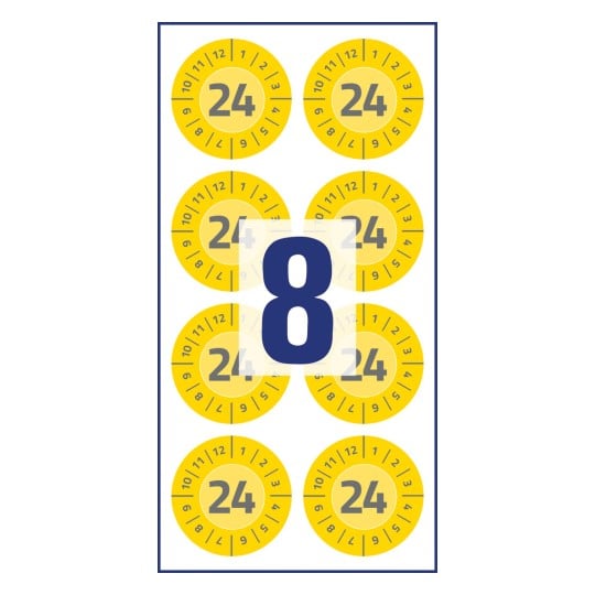 Abbildung Einzelbogen, Artikel: 6944-2024, Prüfplaketten, Format: ⌀ 30 mm, 8 Prüfplaketten/Bogen