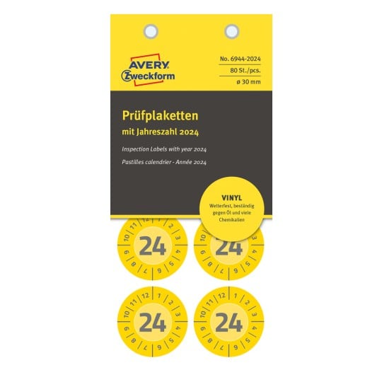 Packungsabbildung: Avery Zweckform Non A4 Prüfplaketten, Artikel:  6944-2024, Format: ⌀ 30 mm, Inhalt: 80 Prüfplaketten / 10 Bögen, 8 Prüfplaketten/Bogen