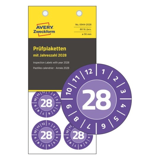 Dieses Bild zeigt ein Paket von Inspektionsetiketten für das Jahr 2028, wobei die Zahl 28 deutlich hervorgehoben ist. Die Etiketten sind lila und kreisförmig mit einem Durchmesser von 30 mm.
