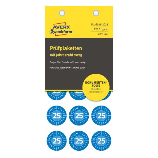 Packungsabbildung: Avery Zweckform Non A4 Prüfplaketten, Artikel:  6945-2025, Format: ⌀ 20 mm, Inhalt: 120 Prüfplaketten / 8 Bögen, 15 Prüfplaketten/Bogen