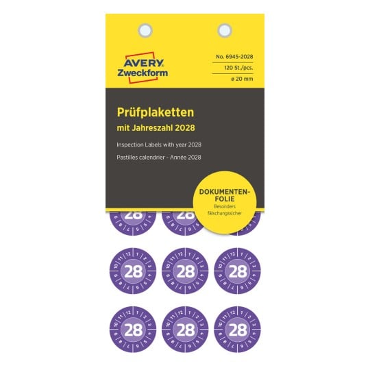 Bild von Avery-Prüfetiketten für das Jahr 2028, mit lila runden Etiketten, auf denen die Zahl 28 deutlich angezeigt wird, und einem gelben und grauen Hintergrund.