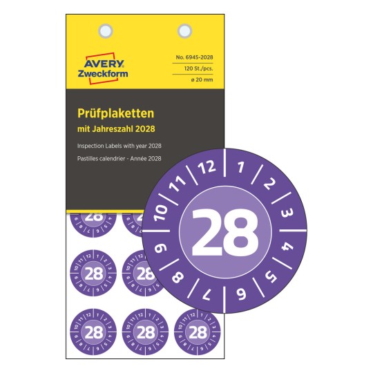 Das Bild zeigt Inspektionsetiketten, die von Avery für das Jahr 2028 gebrandet sind, mit einem markanten kreisförmigen Design, das die Zahl 28 und Markierungen an den Rändern aufweist.