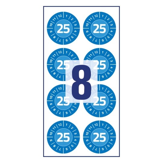 Abbildung Einzelbogen, Artikel: 6946-2025, Prüfplaketten, Format: ⌀ 30 mm, 8 Prüfplaketten/Bogen