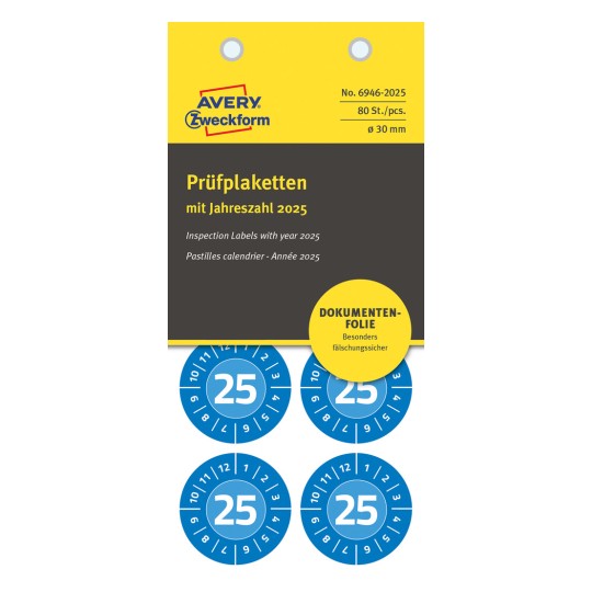 Packungsabbildung: Avery Zweckform Non A4 Prüfplaketten, Artikel:  6946-2025, Format: ⌀ 30 mm, Inhalt: 80 Prüfplaketten / 10 Bögen, 8 Prüfplaketten/Bogen