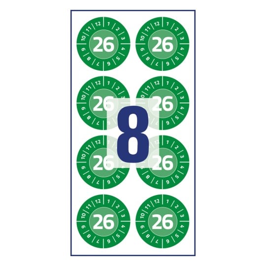 Abbildung Einzelbogen, Artikel: 6946-2026, Prüfplaketten, Format: ⌀ 30 mm, 8 Prüfplaketten/Bogen