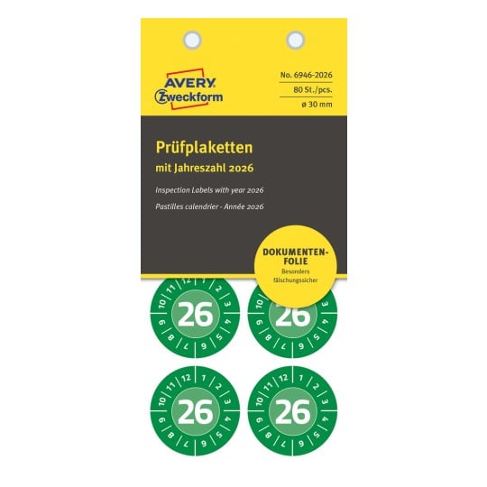Packungsabbildung: Avery Zweckform Non A4 Prüfplaketten, Artikel:  6946-2026, Format: ⌀ 30 mm, Inhalt: 80 Prüfplaketten / 10 Bögen, 8 Prüfplaketten/Bogen