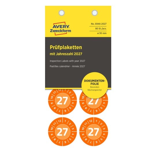 Packungsabbildung: Avery Zweckform Non A4 Prüfplaketten, Artikel:  6946-2027, Format: ⌀ 30 mm, Inhalt: 80 Prüfplaketten / 10 Bögen, 8 Prüfplaketten/Bogen