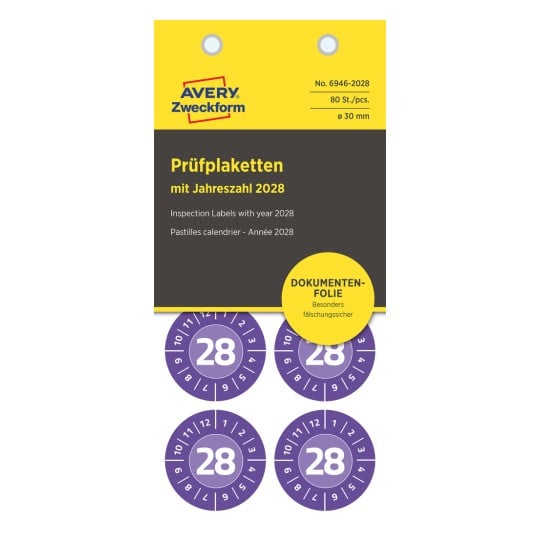Das Bild zeigt Inspektionsetiketten für das Jahr 2028. Es umfasst vier runde Etiketten mit der Nummer 28, die in Lila und Weiß gedruckt sind, zusammen mit Produktdetails von Avery.