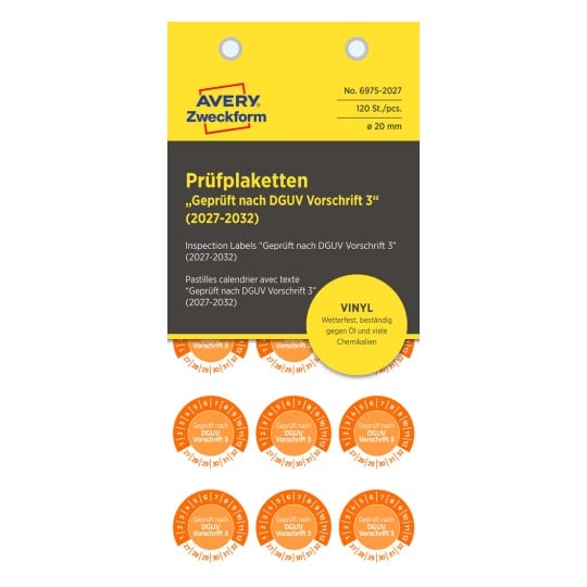 Dieses Bild zeigt eine Produktverpackung für Prüfetiketten von Avery, mit runden Vinyl-Etiketten, die mit 'Geprüft nach DGUV Vorschrift 3' und einem Datumsbereich von 2027-2032 gekennzeichnet sind.
