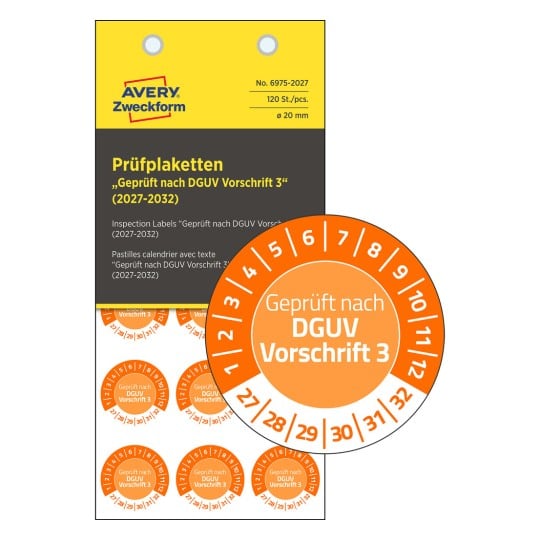 Dieses Bild zeigt ein Paket mit Prüfetiketten von Avery Zweckform. Die Etiketten sind rund, orange und der Text lautet 'Geprüft nach DGUV Vorschrift 3' mit Datumsmarkierungen für 2027-2032.