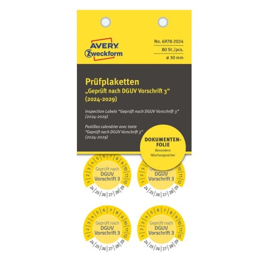 Packungsabbildung: Avery Zweckform Non A4 Prüfplaketten, Artikel:  6978-2024, Format: ⌀ 30 mm, Inhalt: 80 Prüfplaketten / 10 Bögen, 8 Prüfplaketten/Bogen