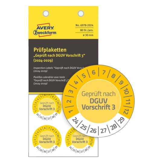 Packungsabbildung mit Prüfplakette: Avery Zweckform Prüfplaketten, Artikel: 6978-2024, Format: ⌀ 30 mm, Inhalt: 80 Prüfplaketten / 10 Bögen, 8 Prüfplaketten/Bogen