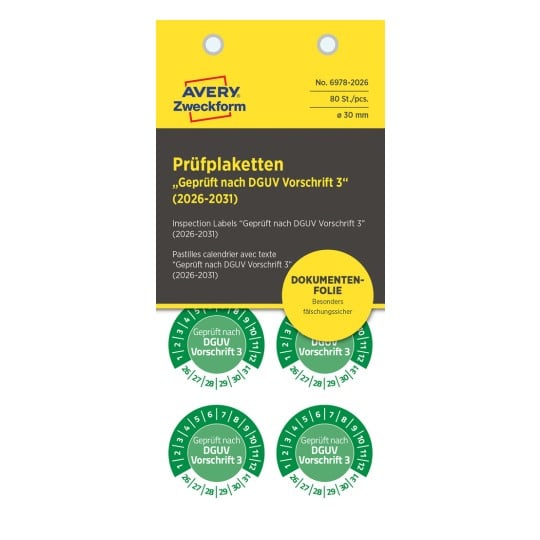 Packungsabbildung: Avery Zweckform Non A4 Prüfplaketten, Artikel:  6978-2026, Format: ⌀ 30 mm, Inhalt: 80 Prüfplaketten / 10 Bögen, 8 Prüfplaketten/Bogen