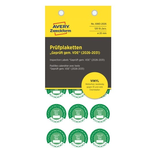 Packungsabbildung: Avery Zweckform Non A4 Prüfplaketten, Artikel:  6983-2026, Format: ⌀ 20 mm, Inhalt: 120 Prüfplaketten / 8 Bögen, 15 Prüfplaketten/Bogen