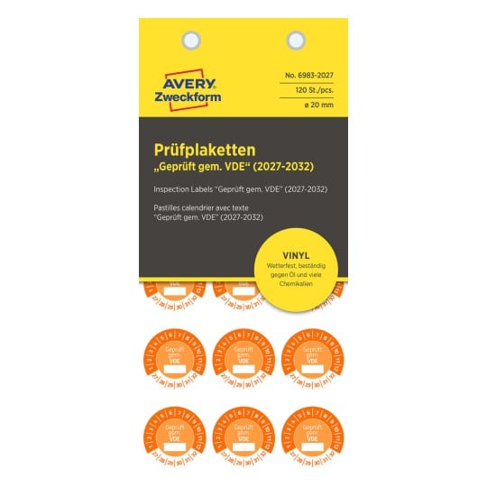 Das Bild zeigt Inspektionsetiketten von Avery, mit der Bezeichnung 'Geprüft gem. VDE' für die Jahre 2027-2032, mit einem kreisförmigen Design zur Verfolgung von Inspektionen. Es wird Vinyl-Material und Wetterbeständigkeit erwähnt.