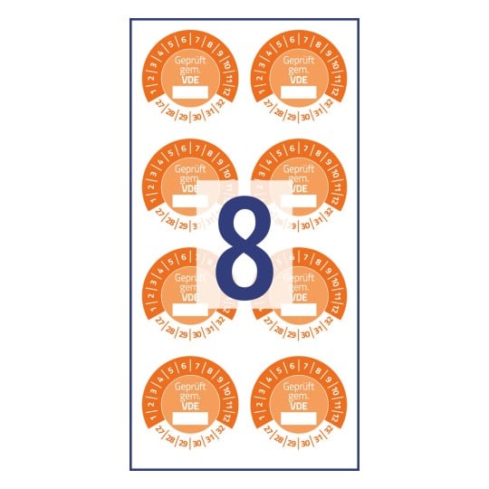Das Bild enthält mehrere runde orangefarbene Etiketten mit dem Text "Geprüft gem. VDE" und einem leeren Feld für Informationen. Die Zahl "8" ist auffällig in Blau dargestellt.