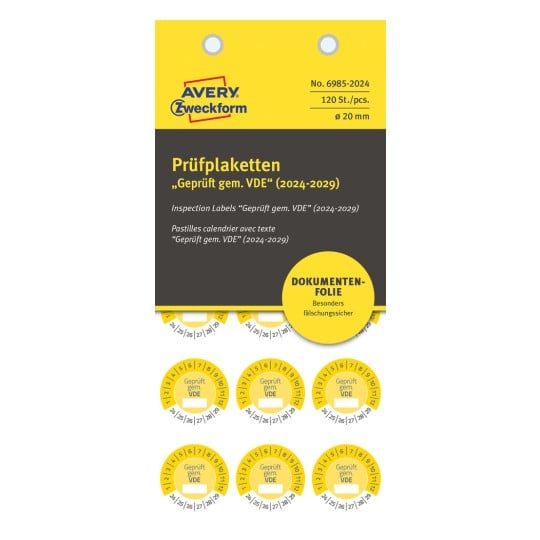 Packungsabbildung: Avery Zweckform Non A4 Prüfplaketten, Artikel:  6985-2024, Format: ⌀ 20 mm, Inhalt: 120 Prüfplaketten / 8 Bögen, 15 Prüfplaketten/Bogen