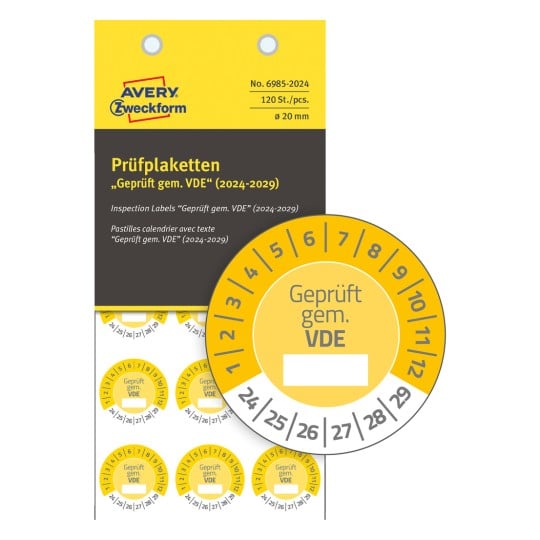 Packungsabbildung mit Prüfplakette: Avery Zweckform Prüfplaketten, Artikel: 6985-2024, Format: ⌀ 20 mm, Inhalt: 120 Prüfplaketten / 8 Bögen, 15 Prüfplaketten/Bogen