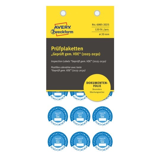 Packungsabbildung: Avery Zweckform Non A4 Prüfplaketten, Artikel:  6985-2025, Format: ⌀ 20 mm, Inhalt: 120 Prüfplaketten / 8 Bögen, 15 Prüfplaketten/Bogen
