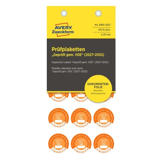 Das Bild zeigt Prüfetiketten mit der Aufschrift "Geprüft gem. VDE" und einem gelben Header sowie mehreren orangefarbenen runden Etiketten mit Nummern. Es ist ein Produkt von Avery.
