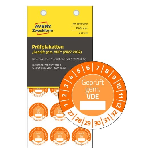 Das Bild zeigt Prüfsiegel mit der Aufschrift 'Geprüft gem. VDE' in einem kreisförmigen Design, das Monate und Jahre von 2027 bis 2032 anzeigt, angebracht auf einer gelb-schwarzen Verpackung.
