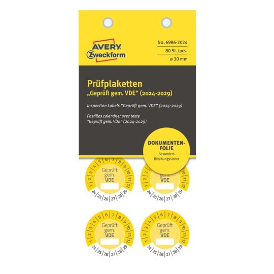 Packungsabbildung: Avery Zweckform Non A4 Prüfplaketten, Artikel:  6986-2024, Format: ⌀ 30 mm, Inhalt: 80 Prüfplaketten / 10 Bögen, 8 Prüfplaketten/Bogen