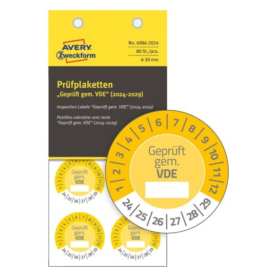 Packungsabbildung mit Prüfplakette: Avery Zweckform Prüfplaketten, Artikel: 6986-2024, Format: ⌀ 30 mm, Inhalt: 80 Prüfplaketten / 10 Bögen, 8 Prüfplaketten/Bogen