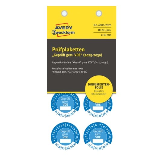 Packungsabbildung: Avery Zweckform Non A4 Prüfplaketten, Artikel:  6986-2025, Format: ⌀ 30 mm, Inhalt: 80 Prüfplaketten / 10 Bögen, 8 Prüfplaketten/Bogen