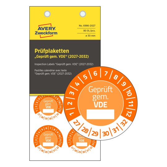 Das Bild zeigt Inspektionsetiketten von Avery, speziell für 'Prüfplaketten', die mit 'Geprüft gem. VDE' für die Jahre 2027-2032 gekennzeichnet sind. Sie sind kreisförmig, orange und weiß.