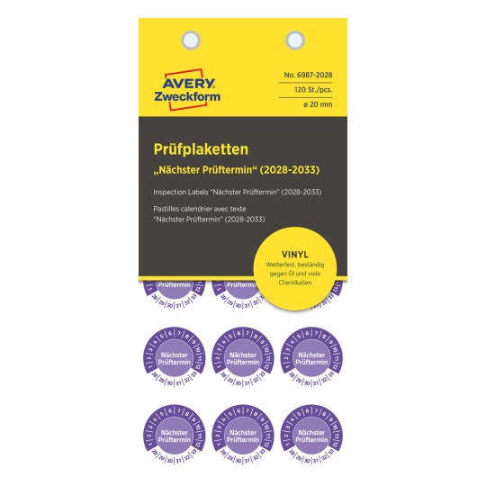 Das Bild zeigt ein Etikettenblatt von Avery Zweckform mit Prüfetiketten für das nächste Prüfdatum, langlebig und wetterbeständig, entwickelt für verschiedene Anwendungen.
