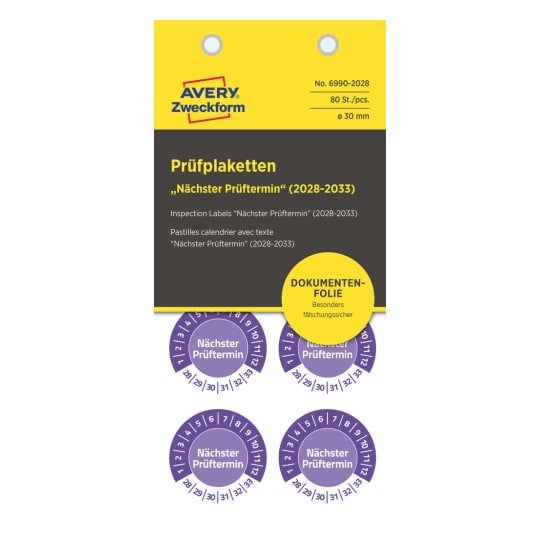 Das Bild zeigt Inspektionsetiketten von Avery mit dem Text 'Nächster Prüftermin' für die Jahre 2028 bis 2033, die runde Aufkleber darstellen, die Inspektionsdaten angeben.