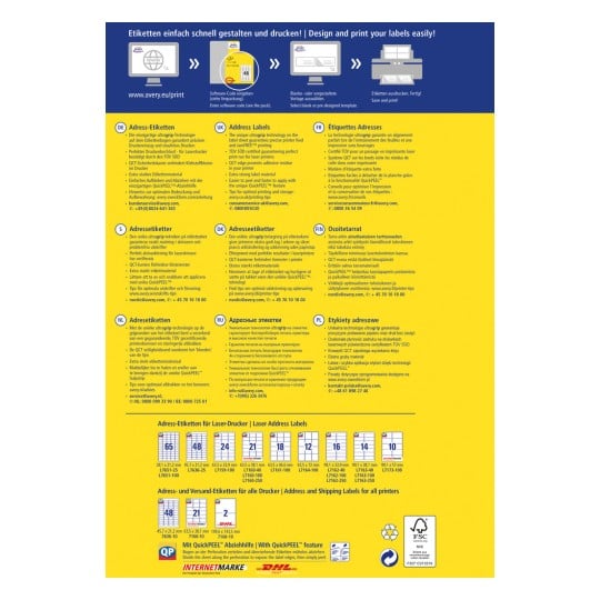 Das Bild zeigt Informationen über Adressetiketten und beschreibt deren Merkmale, Drucktechnologie und eine Vielzahl verfügbarer Vorlagen. Es enthält mehrsprachigen Text zur besseren Verständlichkeit und Anweisungen zur effektiven Verwendung der Etiketten.