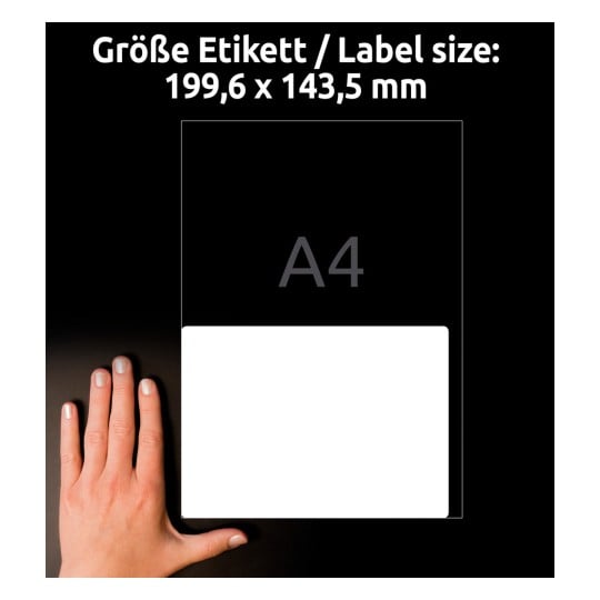Größenvergleich mit Hand, Artikel: 7168-10, ein Bogen Versand-Etiketten, Home Office, Kleinpackung, Format: 199,6 x 143,5 mm, Farbe: Weiß