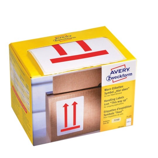 Packungsabbildung: Avery Zweckform Warnetiketten, vorgedruckt, Artikel:  7250, Format: 74 x 100 mm, Inhalt: 1 Etiketten / 1 Rolle,  Etiketten/Rolle